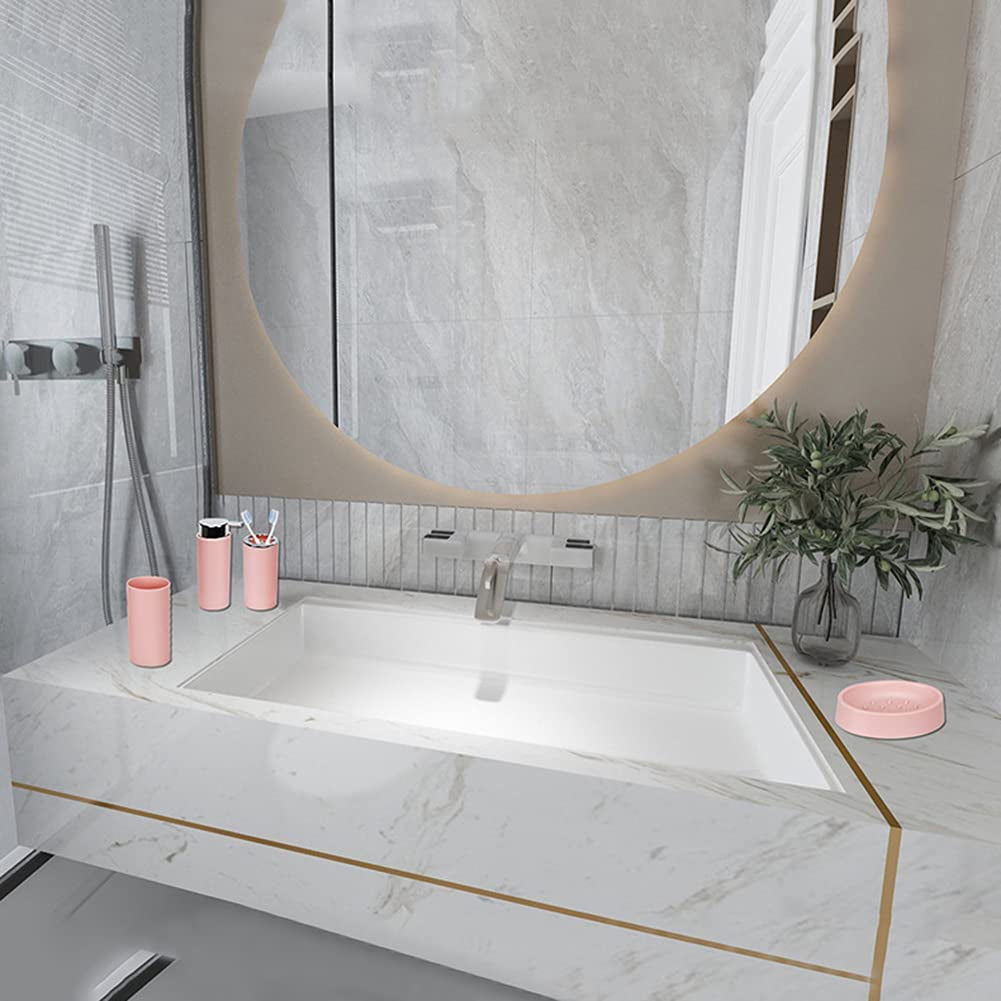6 Pcs Pink Bathroom Accessories Set - Toothbrush Holder, Toothbrush Cup, Soap Dispenser, Soap Dish, Toilet Brush, Trash Can, Bathroom Decor Sets Accessories (Pink)