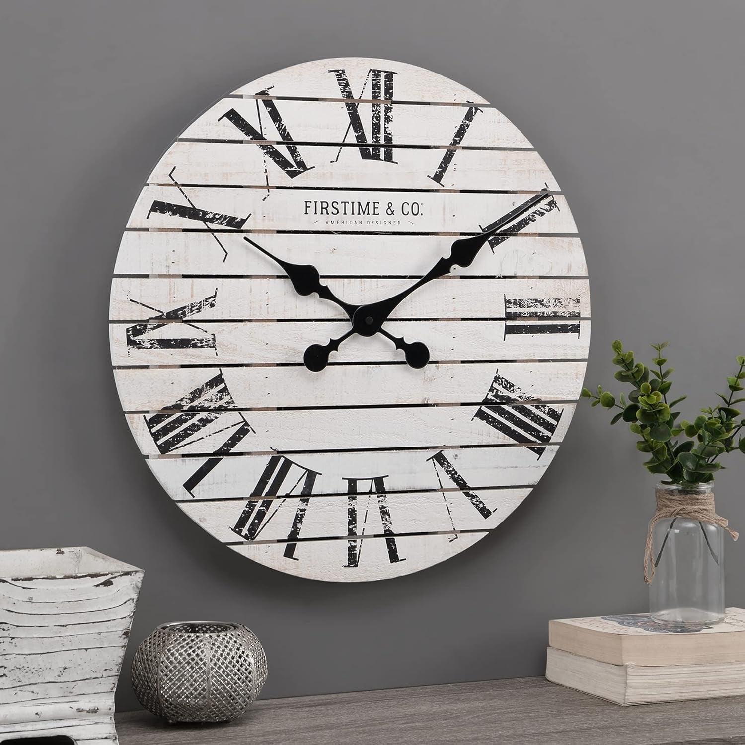 & Co. White Farmhouse Shiplap Wall Clock, Large Vintage Decor for Living Room, Home Office, Round, Wood, Boho, 18 Inches