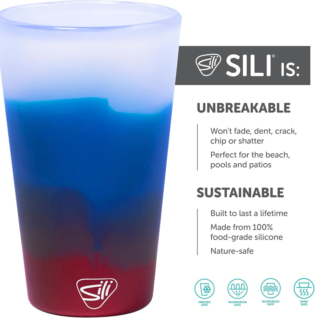 16Oz Silicone Pint Glass – Unbreakable Bpa-Free Reusable Silicone Drinking Cup – Flexible Dishwasher Microwave & Freezer Safe – Stemless Glass for Water Coffee Smoothies (Americana)
