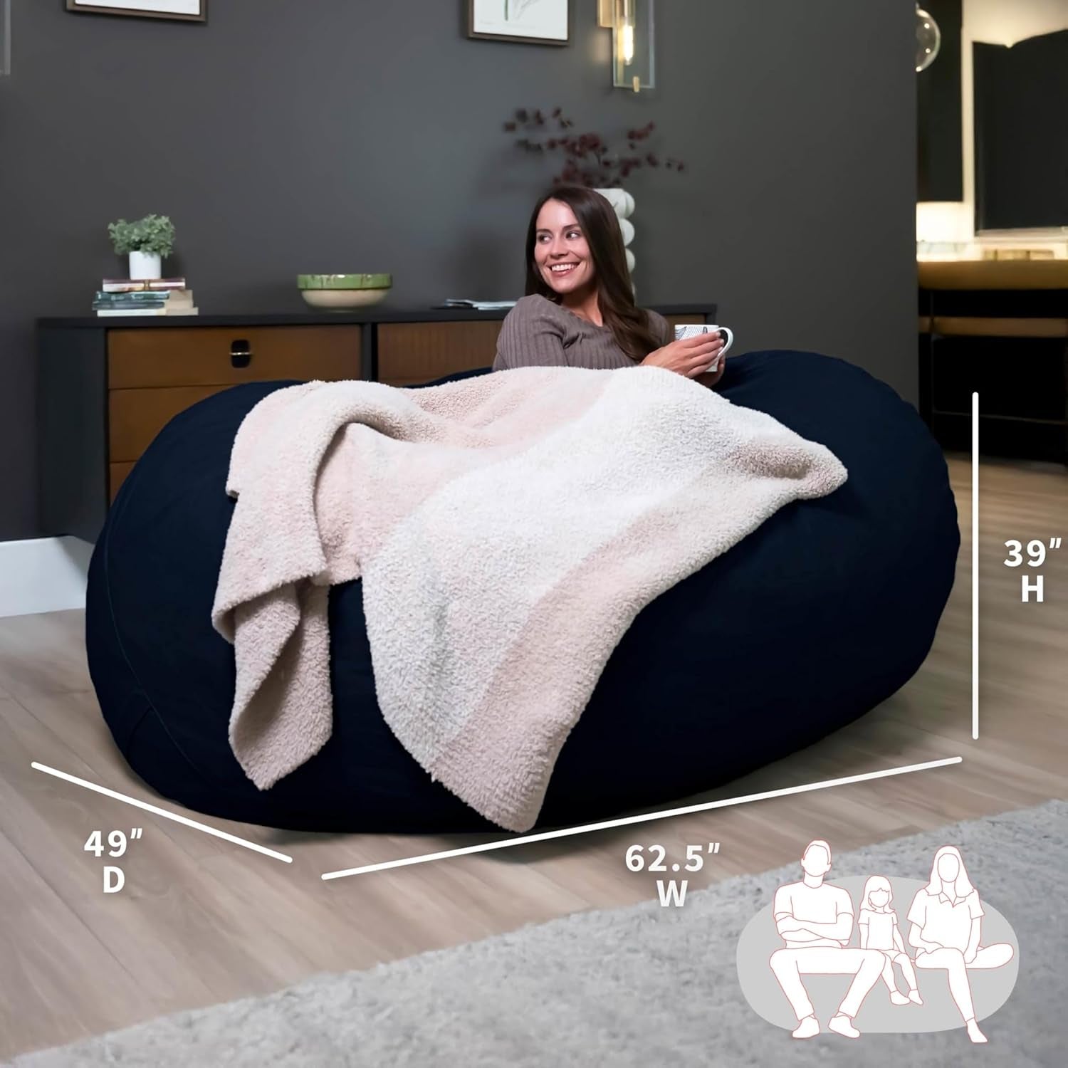 Fuf 6.5Ft Foam Bean Bag Chair for Kids and Family, Ideal for Living Space and Basement, Cobalt Lenox, Durable Woven Polyester, 6.5 Feet Giant