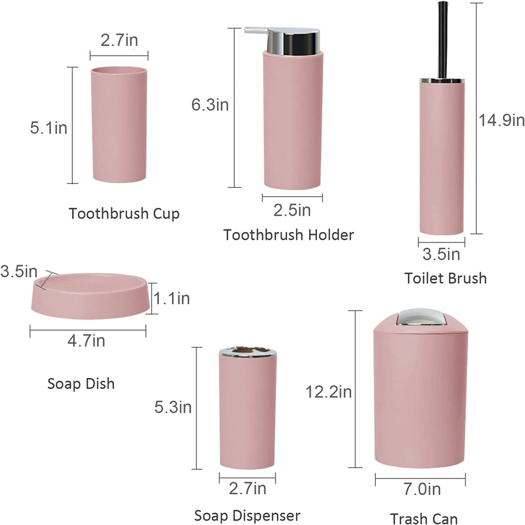6 Pcs Pink Bathroom Accessories Set - Toothbrush Holder, Toothbrush Cup, Soap Dispenser, Soap Dish, Toilet Brush, Trash Can, Bathroom Decor Sets Accessories (Pink)
